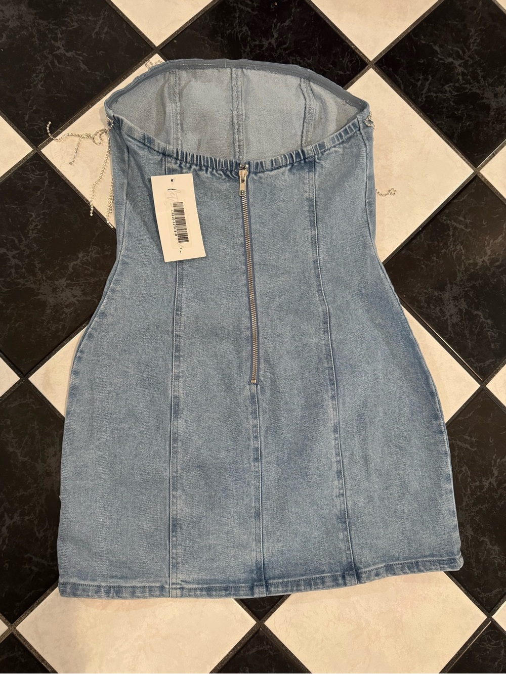 12th Tribe Denim Mini Dress with Rhinestone Fringe - Picture 6 of 7